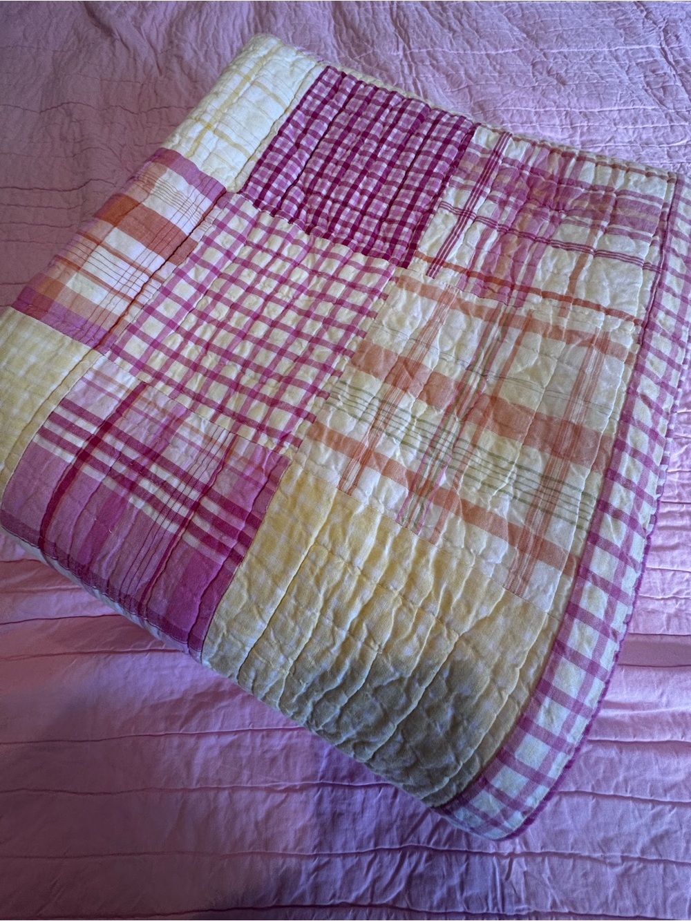 Pottery Barn Kids Pink Orange Plaid Patchwork Quilted Twin Quilt 68” x 81”